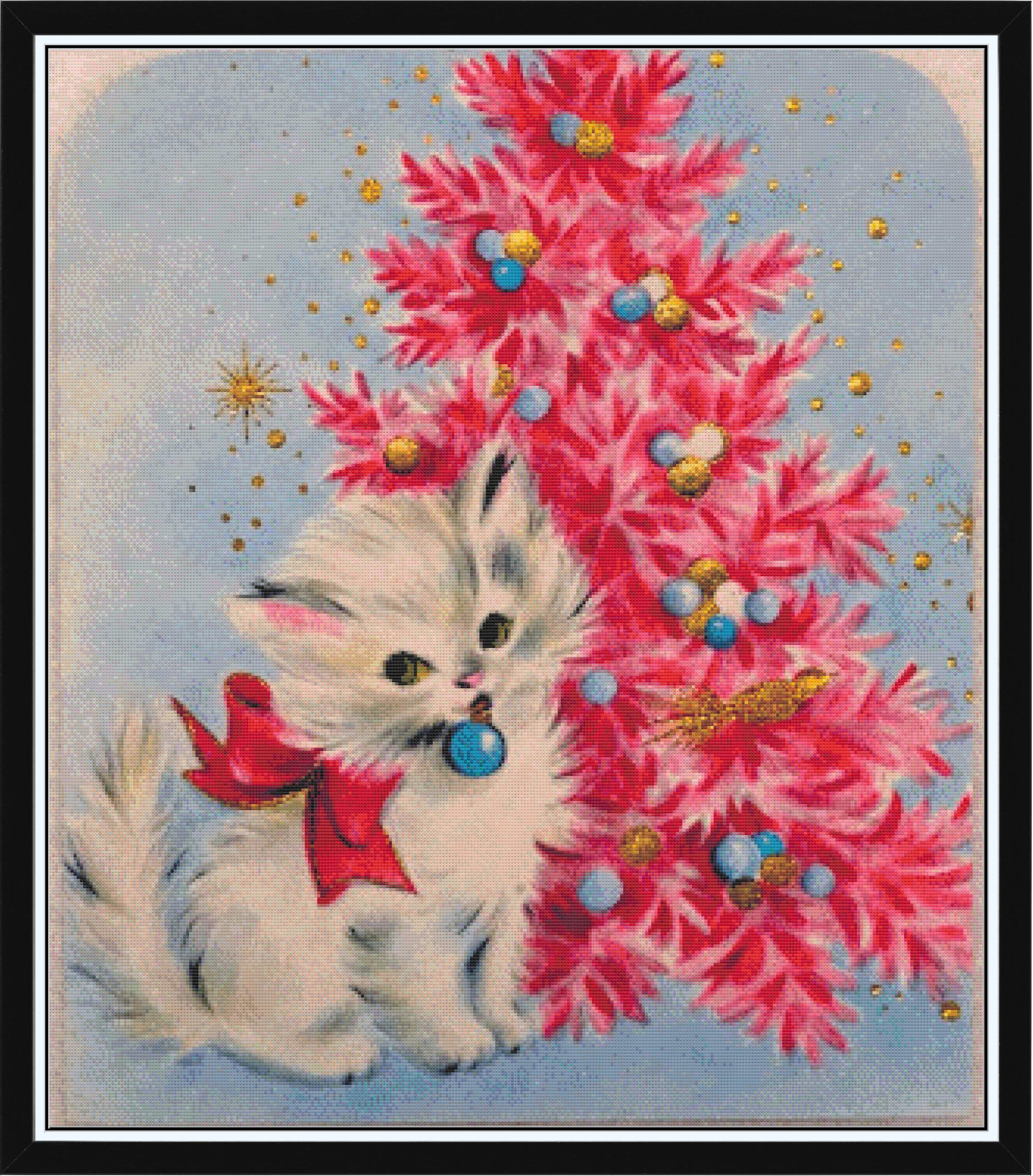 Vintage Christmas Kitty and Pink Tree